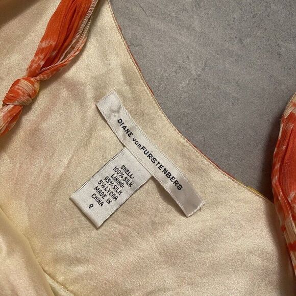 Diane Von Furstenberg Floral Silk Dress Penny Yellow Orange Ruffle Sundress Sz 8 - Picture 4 of 10
